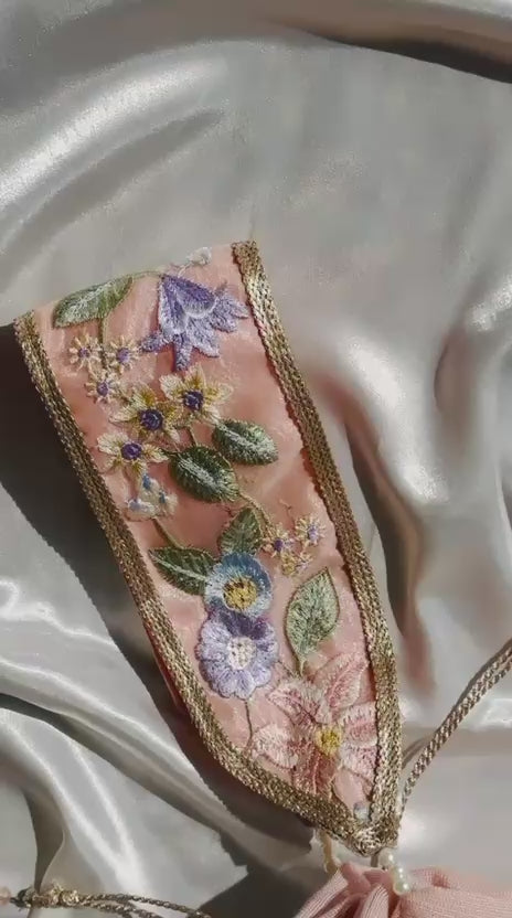 Mah-e-Zar: Pink Net Potli with Floral Appliqué & Tassels