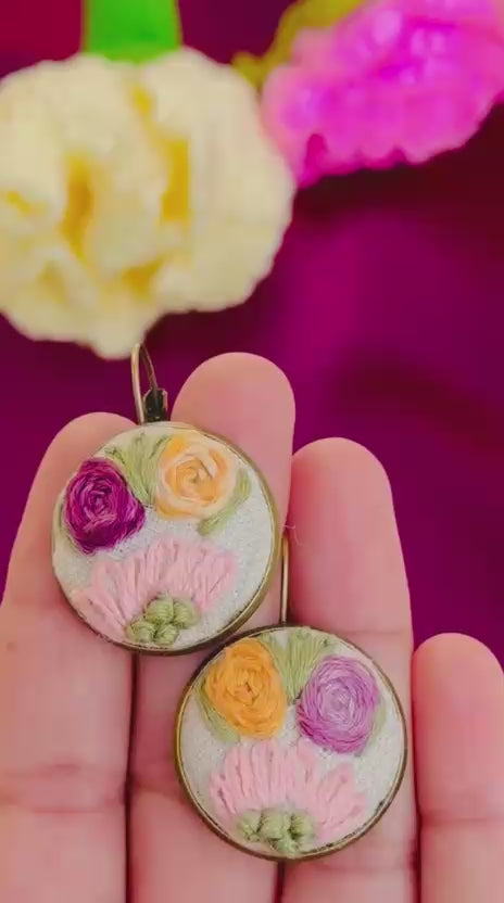 Hand Embroidered Floral Earrings - Multi-Color Pastel Flower Jewelry - Artisanal Botanical Drop Earrings
