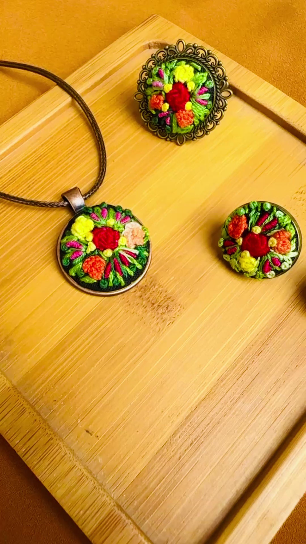 Hand-Embroidered Floral Pendant | Vintage Style Jewelry