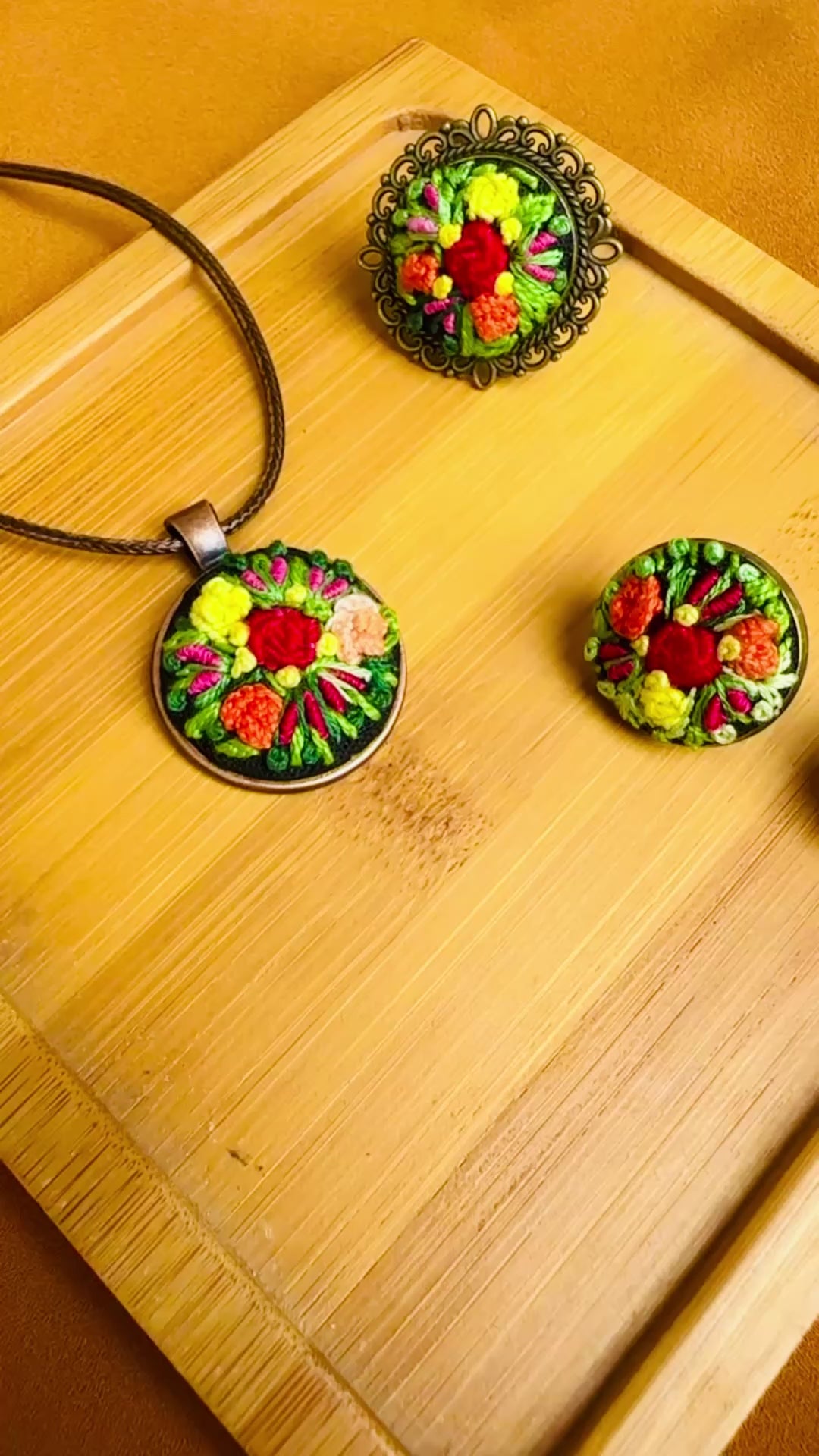 Hand-Embroidered Floral Pendant | Vintage Style Jewelry
