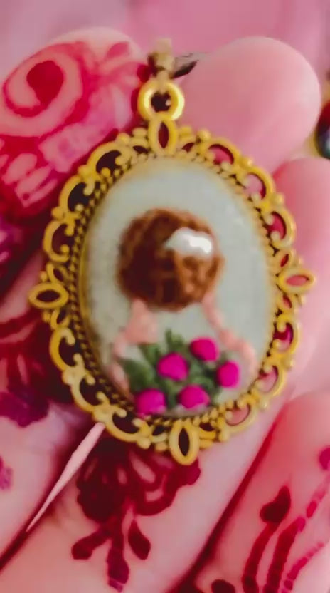 Hand Embroidered Girl Portrait Pendant – 3D Floral Miniature Textile Art – Vintage Bronze Frame Necklace