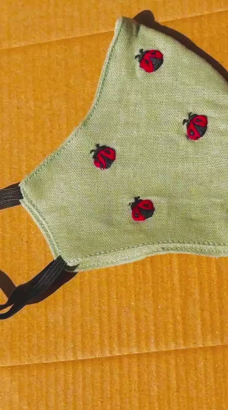 Hand-Embroidered Ladybug Face Mask – Sage Green Linen Cotton Blend – Breathable & Adjustable