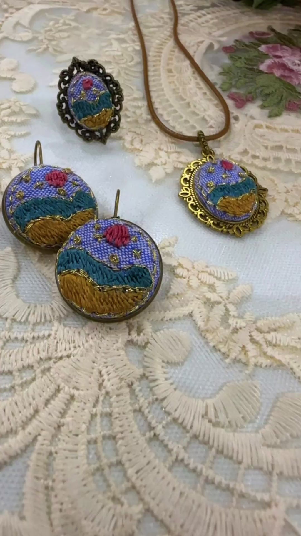Golden Meadow Day Hand-Embroidered Landscape Statement Earrings