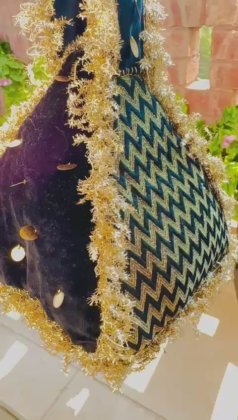 Surmai: Black & Gold Chevron Hand-Embellished Potli