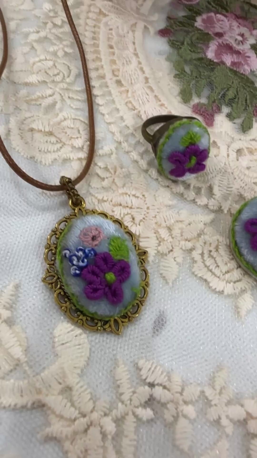 Azure Blossom Garden Hand-Embroidered Floral Pendant Necklace
