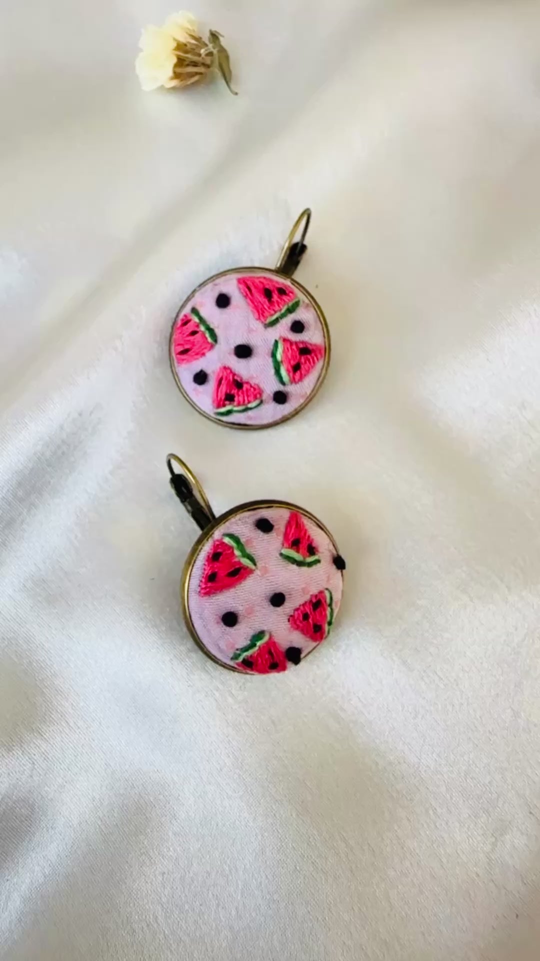 Summer Watermelon Hand-Embroidered Drop Earrings