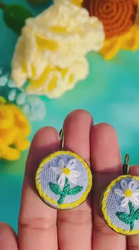 Embroidery Earrings on Blue Fabric - Hand Stitched Flower Jewelry - Whimsical Summer Botanical Earrings