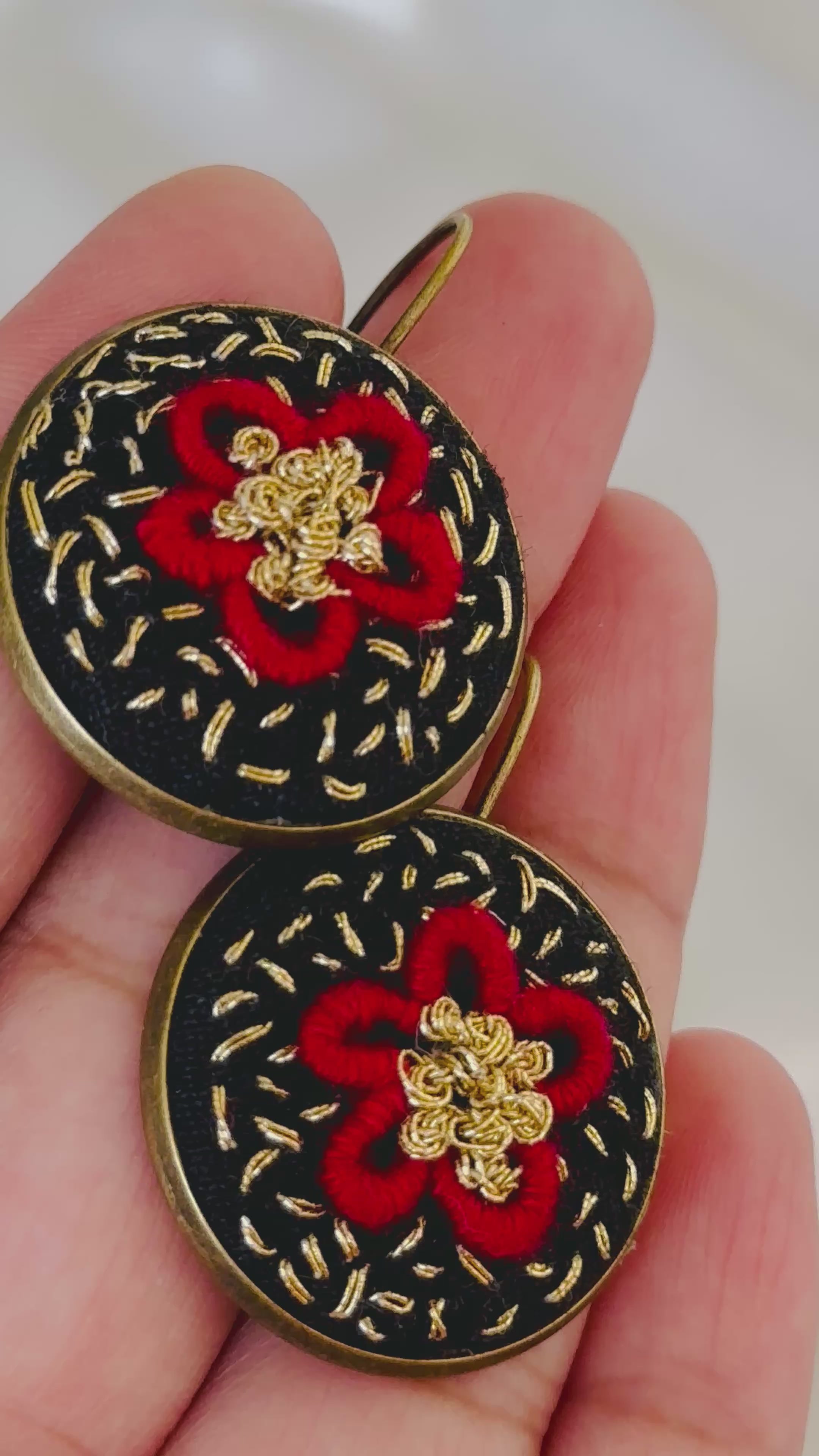 Red & Gold Royal Floral Hand-Embroidered Drop Earrings