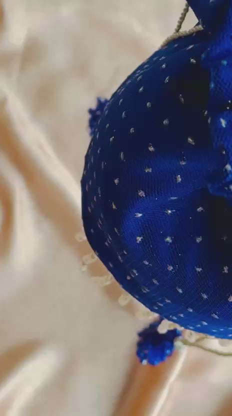 Neelofer: Royal Blue Net Potli with Gold Bead Fringe