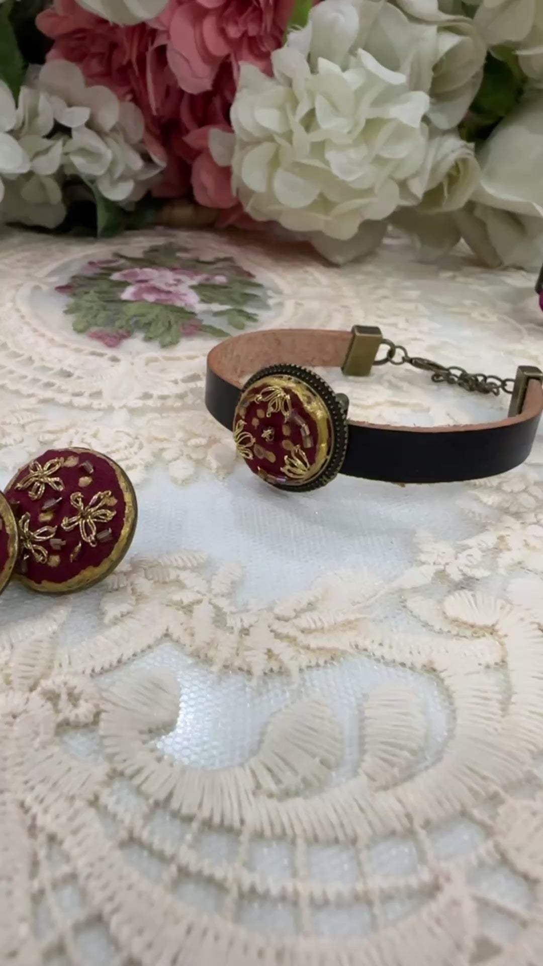 Crimson Golden Starburst Hand-Embroidered Festive Statement Earrings