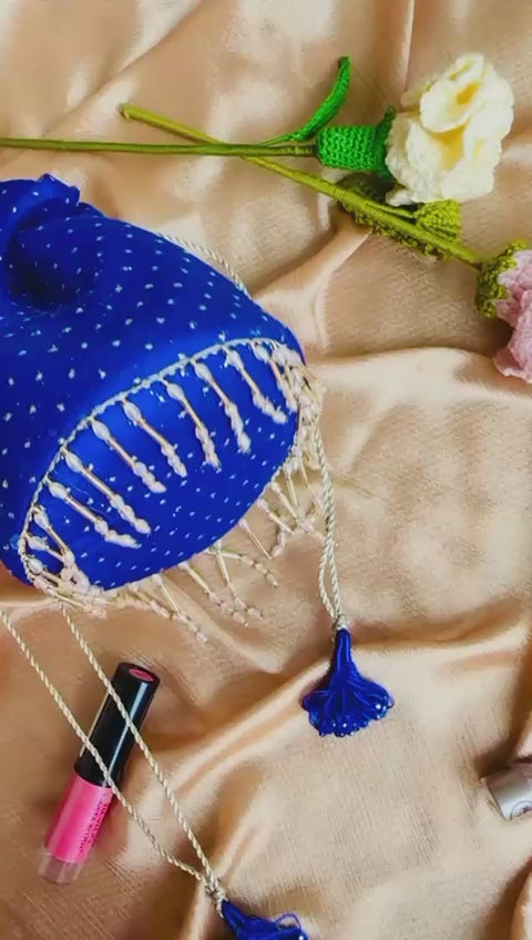 Neelofer: Royal Blue Net Potli with Gold Bead Fringe