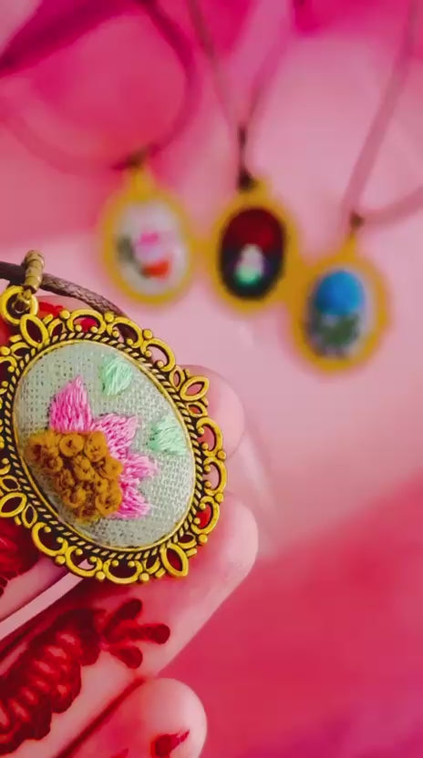 Hand Embroidered Flower Pendant – 3D Pink Floral Necklace – Vintage Bronze Framed Miniature Art