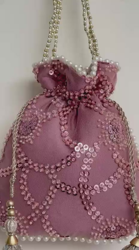 Pareesa: Dusty Rose Sequin Mesh Hand-Embellished Potli
