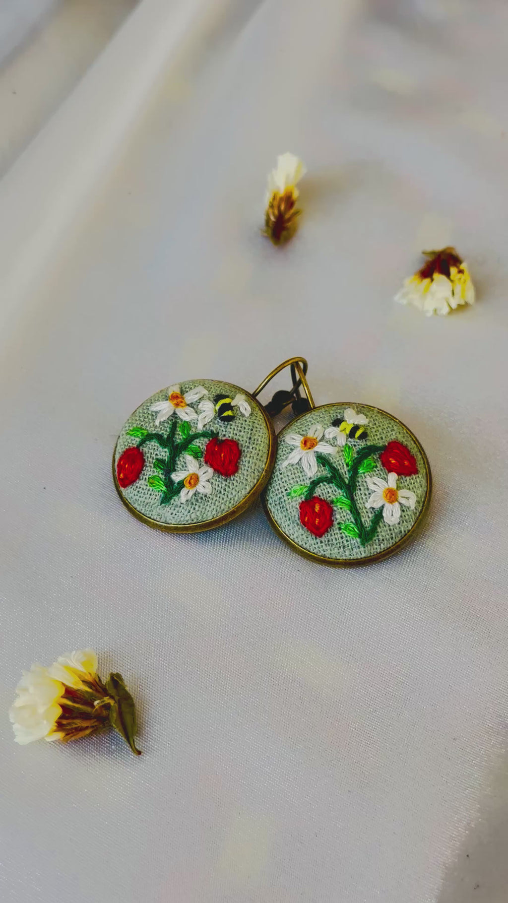 Strawberry & Bumblebee Hand-Embroidered Drop Earrings - Zeba