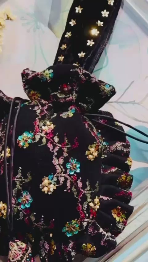 Arjumand: Black Velvet & Net Hand-Embellished Floral Potli