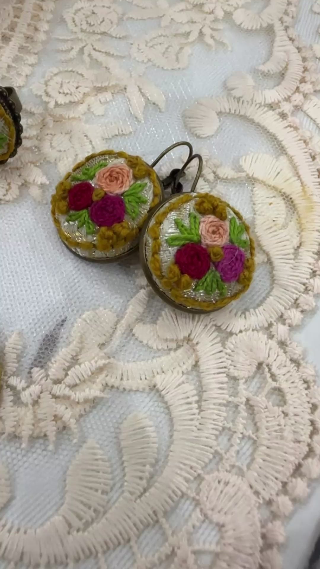 Vintage Rose Garden Hand-Embroidered Floral Statement Earrings
