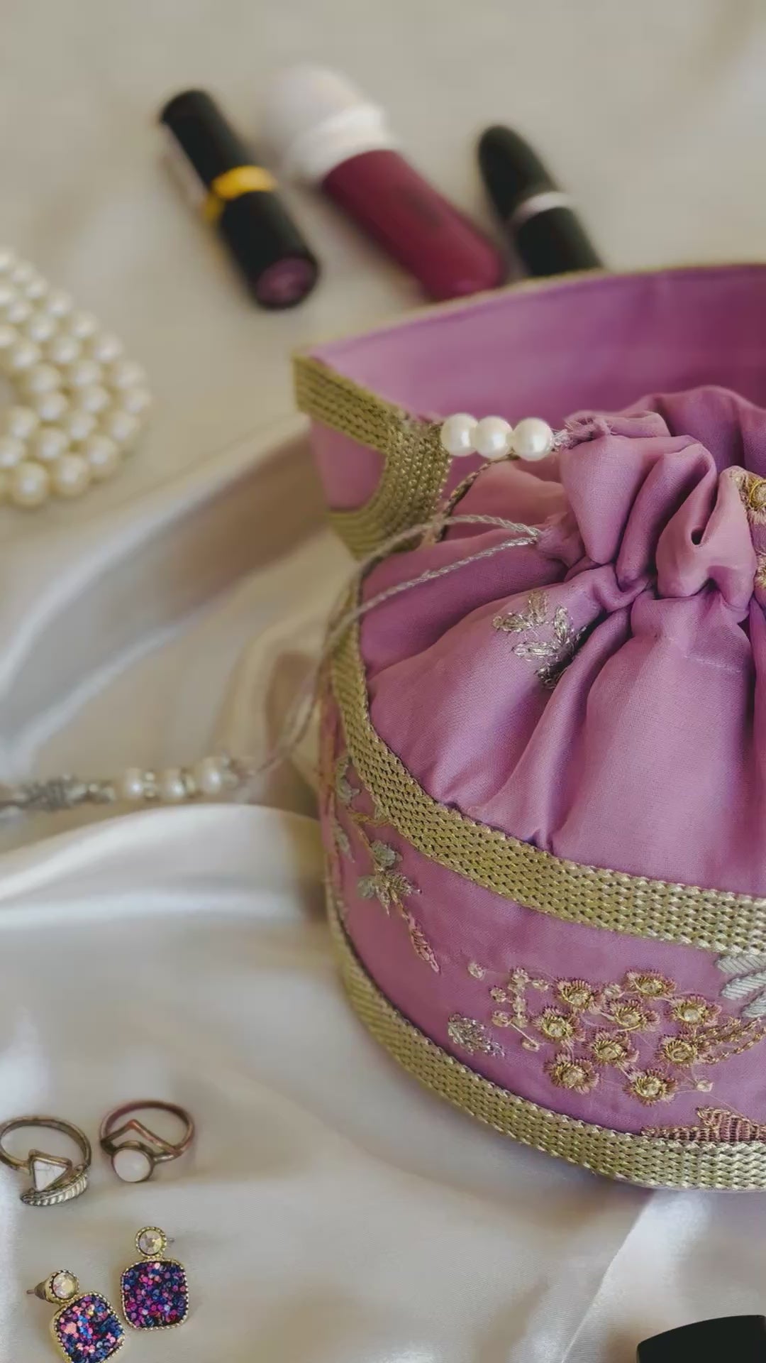 Summan Handcrafted Lilac Embroidered Potli Bag | Silk Bridal & Festive Clutch